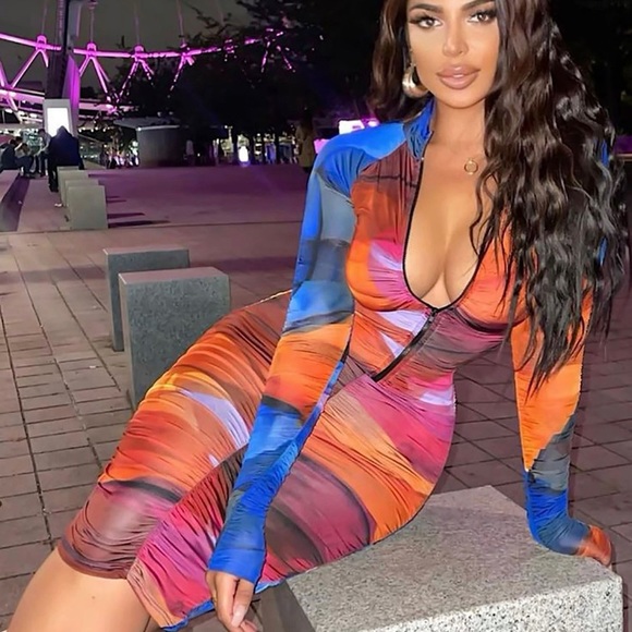 Mindful Color Ruched Midi Dress - Fuchsia/Combo - Picture 5 of 6